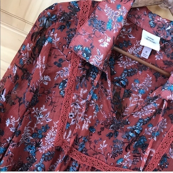 KNOX Rose crochet trim sheer boho bell sleeve floral top size M - Picture 3 of 10